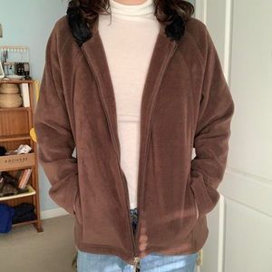 comfy brown jacket w/ black fur trim hood by kim rogers